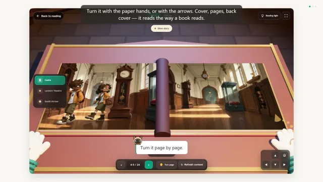 The 3D book open on a desk in a castle reading hall, with cartoon paper hands at both page edges and the page counter below.