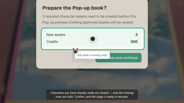 The Prepare the Pop-up book dialog showing how many new character assets are needed and how many credits they cost, with Cancel and Generate and continue.