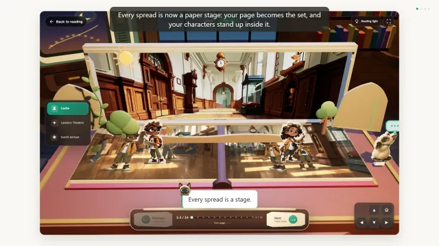 A pop-up spread: the page artwork standing as a paper backdrop with cut-out characters, trees and a paper sun on the folded stage.