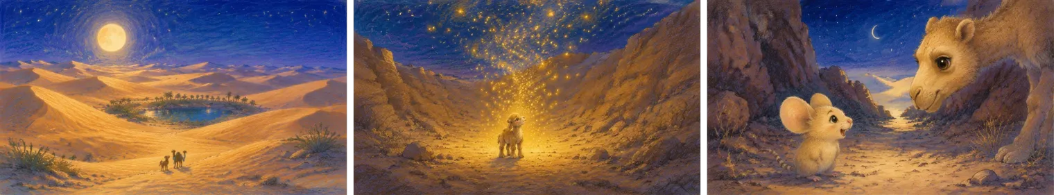 Três tomadas da animação finalizada: um amplo deserto iluminado pela lua, com o camelo pequeno em uma trilha na duna; uma tomada mais próxima do mesmo camelo em um cânion brilhante de faíscas douradas; e um close dele abaixando-se, nariz com nariz, diante de um rato do deserto.