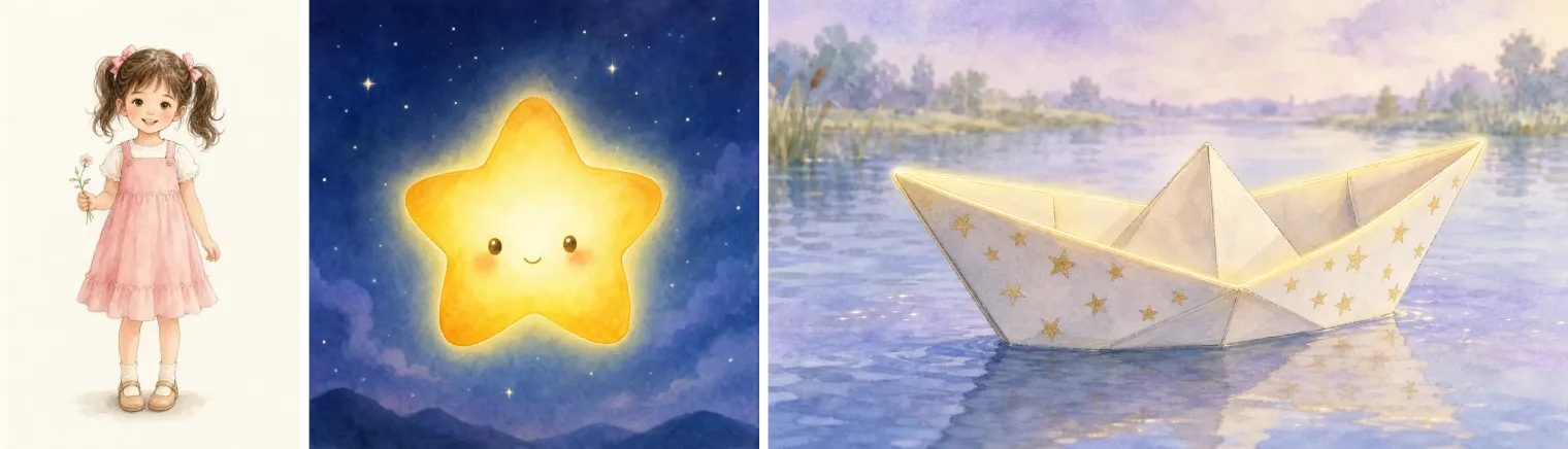 I tre personaggi creati per una canzone per bambini: una bambina ad acquerello con un grembiulino rosa che tiene un piccolo fiore, una stella dorata sorridente contro un cielo notturno e una barchetta di carta bianca delineata dalla luce, che galleggia su un lago immobile.