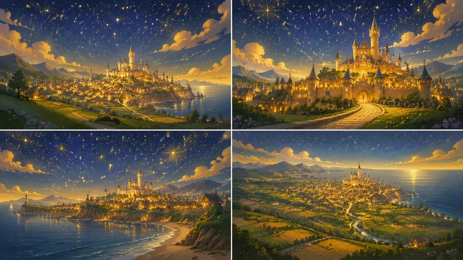 Un luogo della stessa canzone mostrato da quattro angolazioni: una città con castello in cima a una collina dorata sotto un cielo stellato, vista dall'altra parte dell'acqua, dalla strada che porta al cancello, dalla spiaggia sottostante e dall'alto dei campi circostanti.