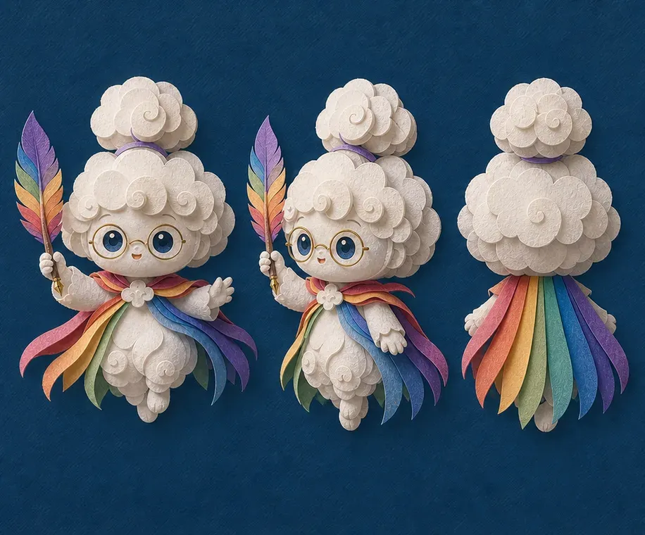Ein Figurenentwurf im mehrschichtigen Papierschnitt-Stil: ein kleines wolkenförmiges Wesen mit runder Brille und Regenbogenumhang, das eine Regenbogenfeder hält, von vorn, schräg von vorn und von hinten dargestellt.