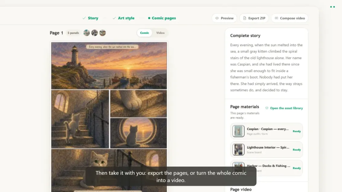 The preview reader showing the finished first page, with scroll view and page-by-page reading options.