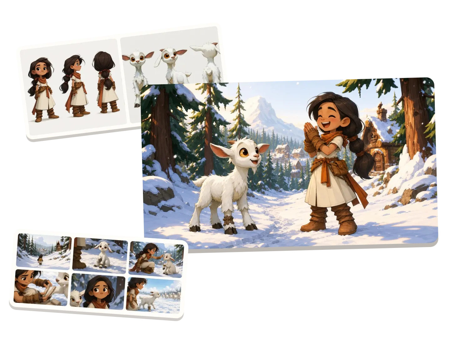 Um curta animado mostrado de três formas: as folhas de personagem de Mira e sua cabra Pip, um storyboard de seis quadros da história e a cena final dos dois na trilha da montanha coberta de neve, com Pip de pé novamente.