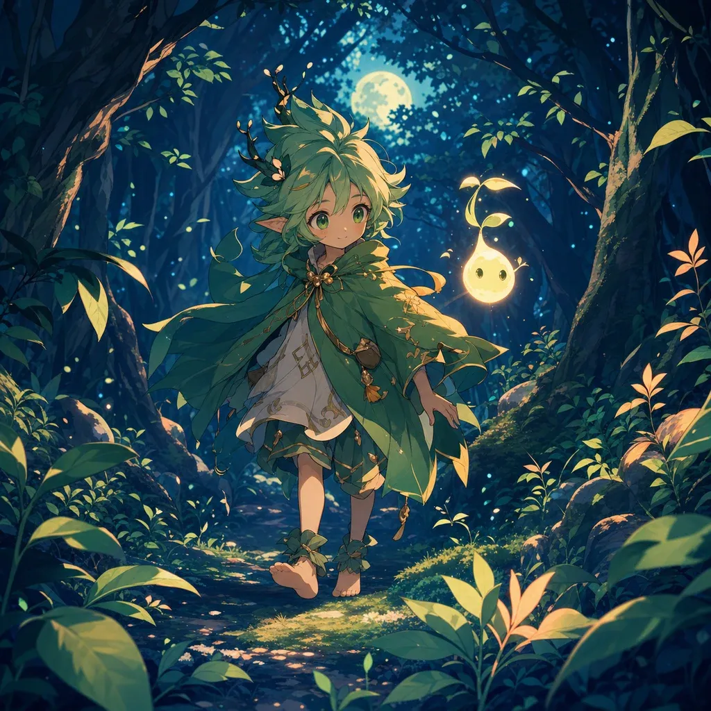 An anime-style forest spirit, generated with Midjourney Niji 7
