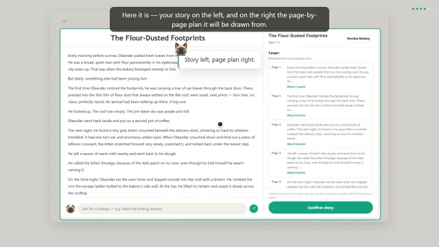 The ReadKidz comic composer with a one-sentence idea typed in, and chips for genre, reading age and page shape below it.