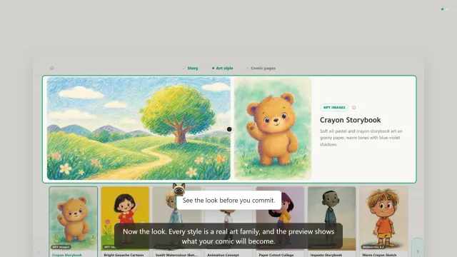 The art style step showing a large preview of a scene and a character drawn in one style, with a rail of other styles below.