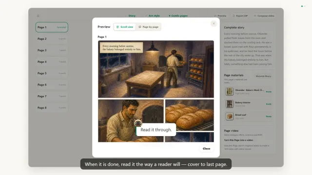 The preview reader showing the finished first page, with scroll view and page-by-page reading options.
