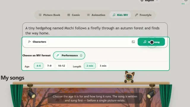 The ReadKidz Kids MV composer with a one-line idea typed in, and chips for age and song length below it.