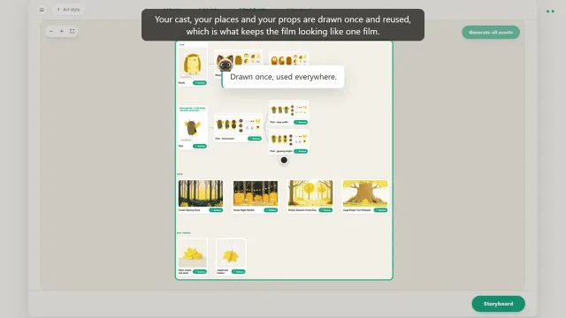 The art style step showing a large preview of a scene and a character, with a shelf of other styles below.