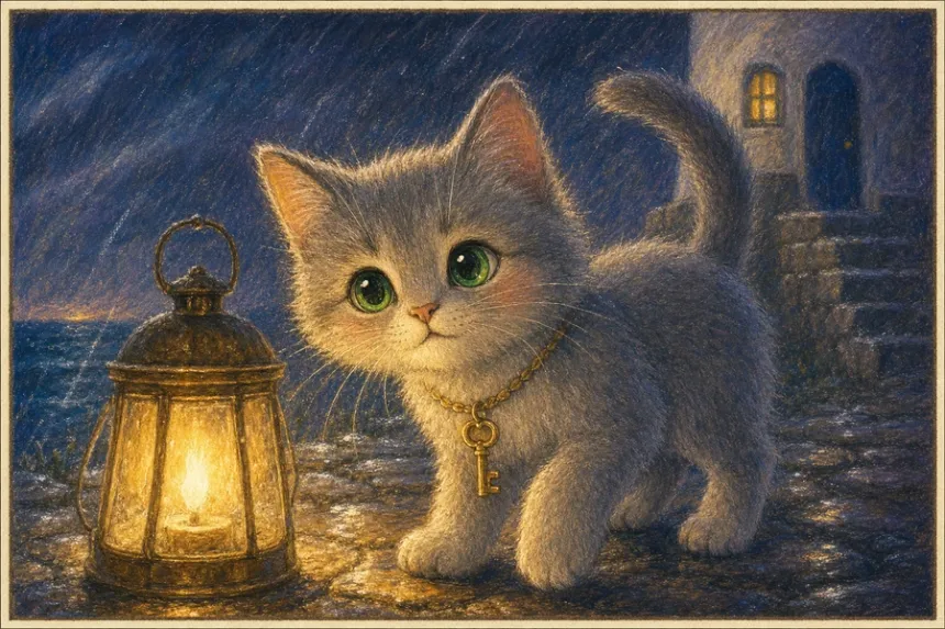 The same moment redrawn as a close-up: the kitten's face lit from below by the lantern's warm glow, the storm sky falling away into shadow behind her.