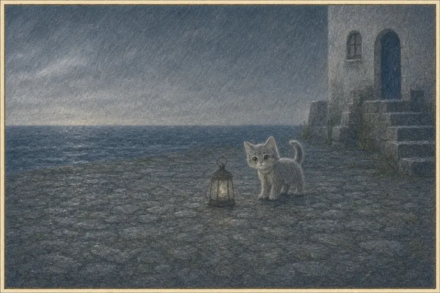 A flat, distant wide shot of the kitten and a lantern on grey stone, the cat small and off to one side under dull even light.