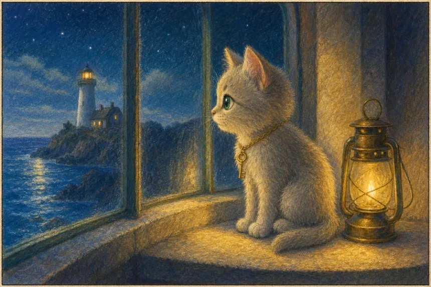 The same picture with only the lantern changed: it is lit now, casting a warm pool of light across the ledge and up the side of her face. Everything else is identical.