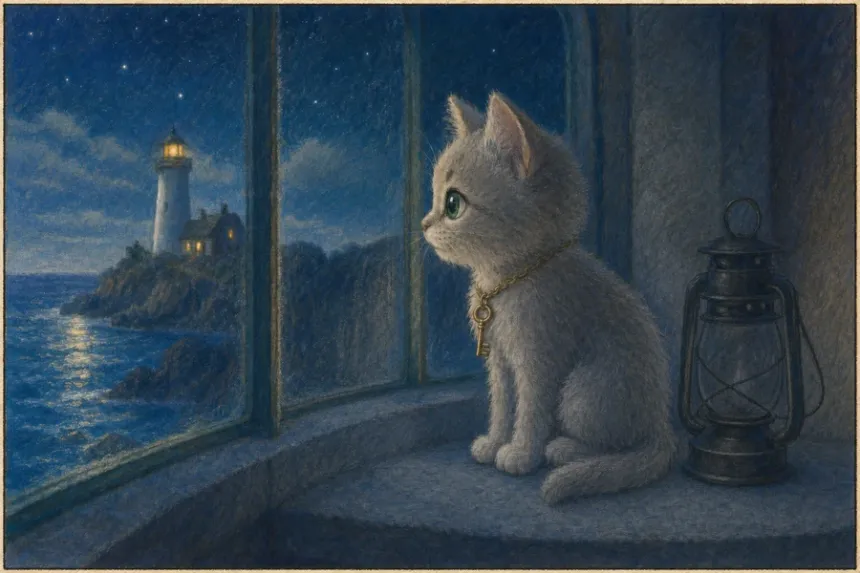 The kitten sitting on a lighthouse window ledge at night beside an unlit lantern, that corner of the picture in plain cool moonlight.