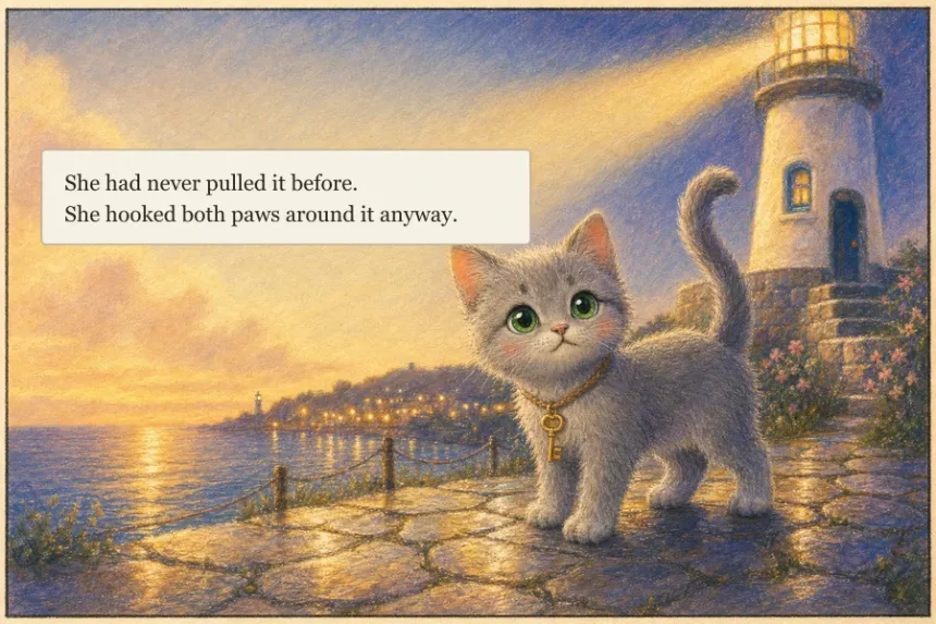 The identical panel with only the caption rewritten: "She had never pulled it before. She hooked both paws around it anyway." The artwork is untouched.