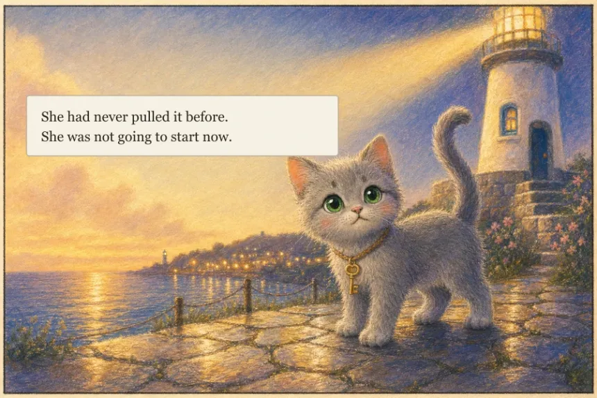 A panel of the kitten on the lighthouse walkway at dusk, captioned "She had never pulled it before. She was not going to start now."