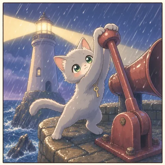 The same panel in soft anime style: large rounded eyes, pastel palette, gentle cel-shading with bright highlights on the lamp.