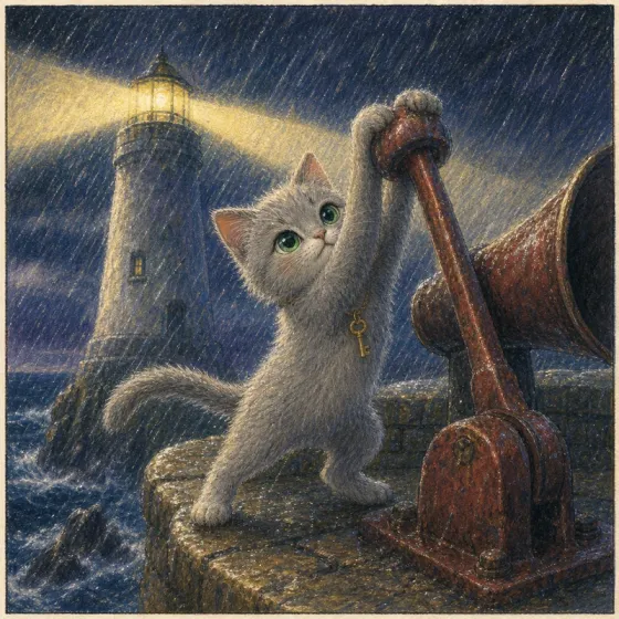 The lighthouse panel in oil-pastel and crayon: grainy paper texture, fluffy directional strokes, deep blue-violet shadows instead of black.