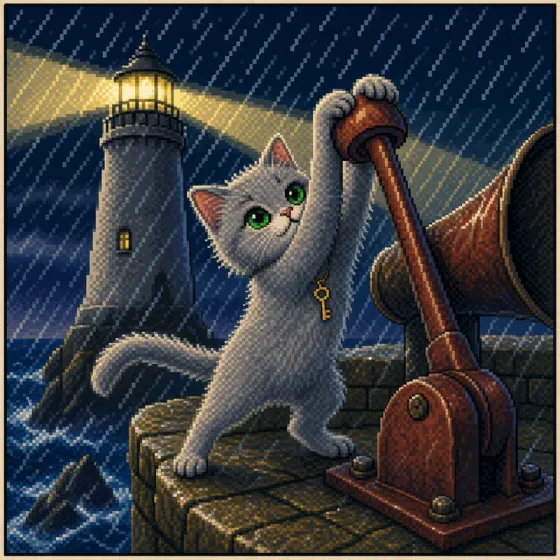 The same panel as 8-bit pixel art: sharp pixel edges, dithered shadows, a limited palette holding the lighthouse beam.