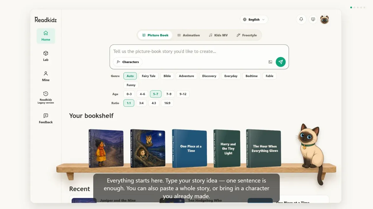 The ReadKidz picture-book composer with a one-sentence story idea typed in, genre, age and page-ratio chips below it, and a shelf of finished books underneath.
