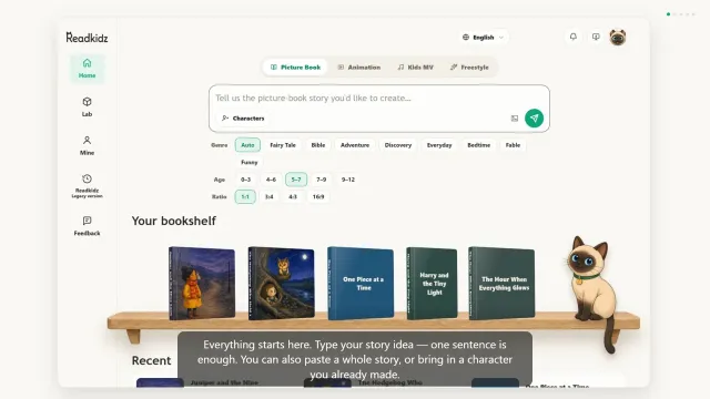 Giao diện soạn sách tranh của ReadKidz với một ý tưởng câu chuyện một câu được nhập vào, các tùy chọn thể loại, độ tuổi và tỷ lệ trang bên dưới, cùng một kệ sách đã hoàn thành phía dưới cùng.