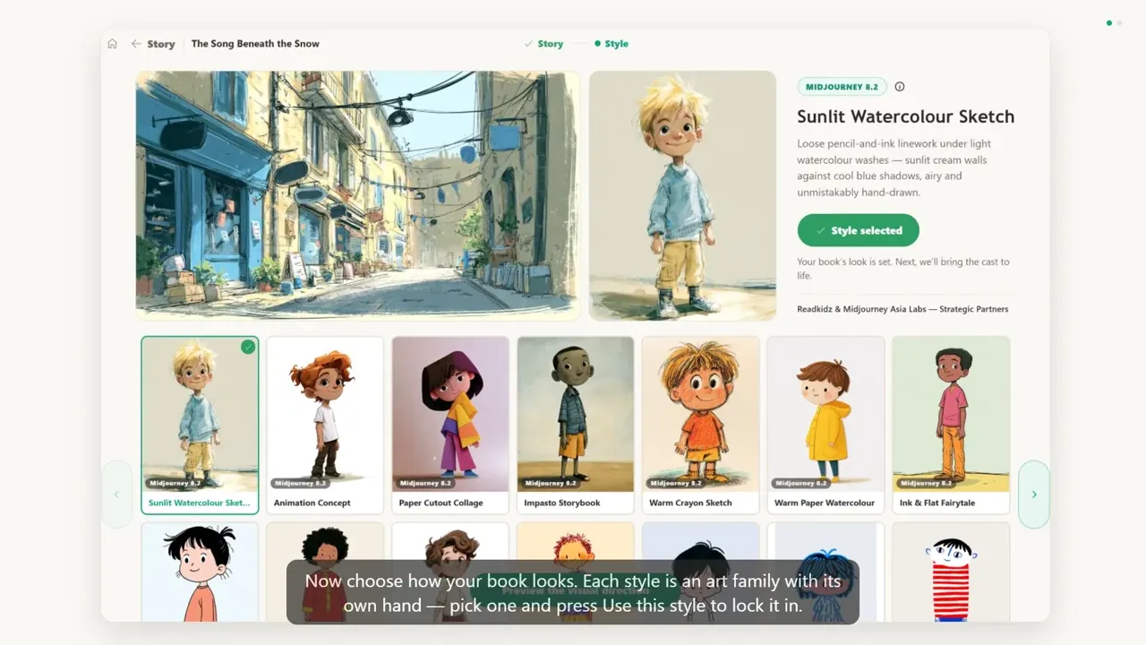 The art-style step: a watercolour sample spread on the left, the Sunlit Watercolour Sketch description on the right, and a row of alternative art families to choose from.