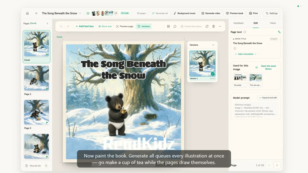 The book editor with the finished cover of “The Song Beneath the Snow”: a bear cub under a snowy oak, page thumbnails down the left and the page text panel on the right.