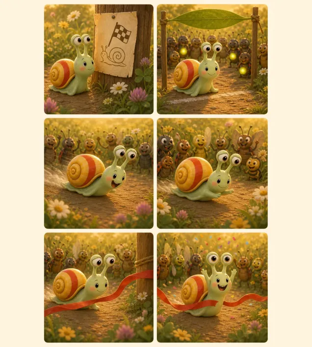 Six comic panels following the same snail from the race notice to the finish line