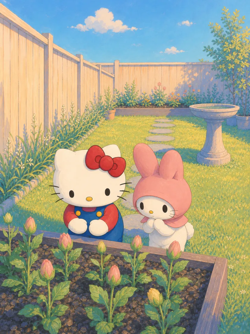 Cover: two distinct animal friends discover the button garden.