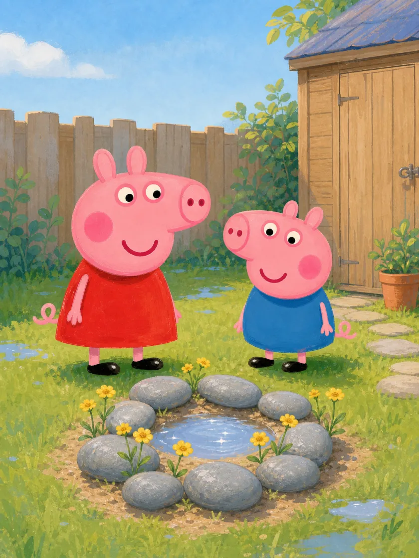 The final page resolves the story with stones, flowers, and a tiny pool of rainwater.