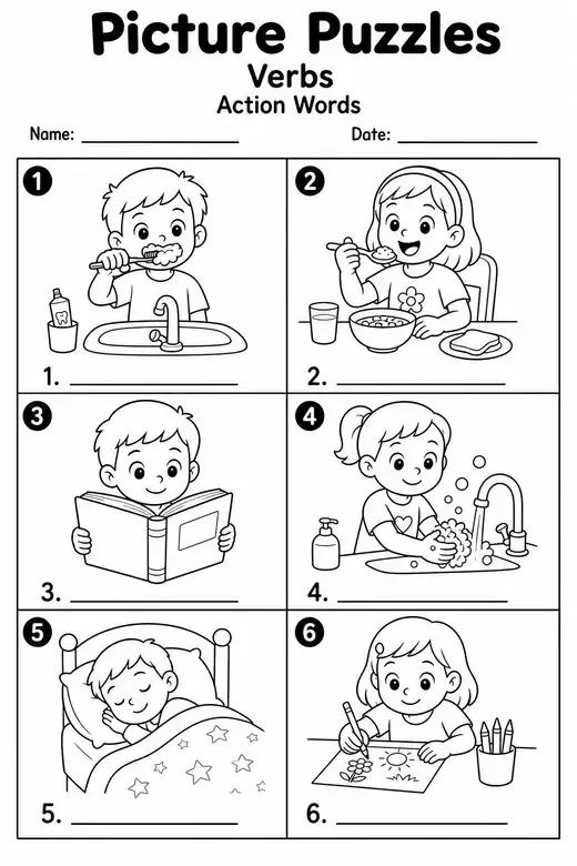 Action verbs picture puzzles