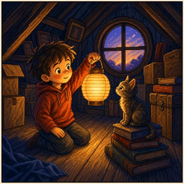 Dasselbe Panel als 8-Bit-Pixel-Art: scharfe Pixelkanten, gerasterte Schatten auf den Dielen, eine begrenzte Farbpalette bewahrt den Schein der Laterne.