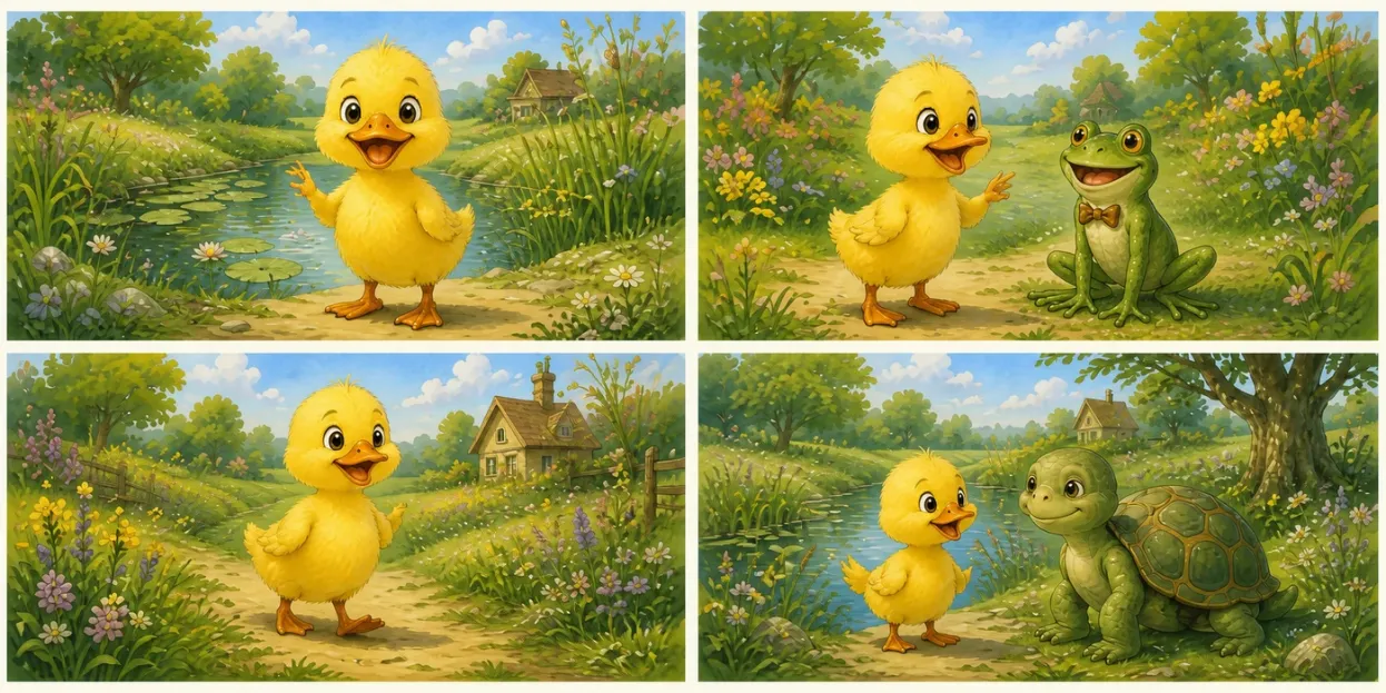 Vier afgewerkte scènes uit dezelfde film: hetzelfde gele eendje bij de vijver, in gesprek met de kikker, wandelend door de wei en naast de schildpad.