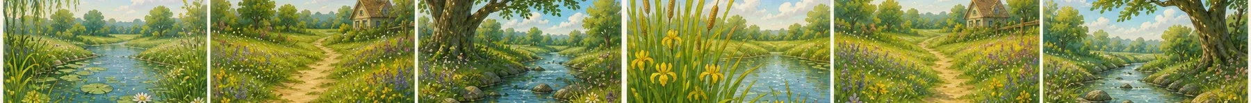 Zes weergaven van één consistente aquarelwereld: waterlelievijver, bloempad, beek met bomen, gele rietstengels, bosweide en rotsachtig stroompje.